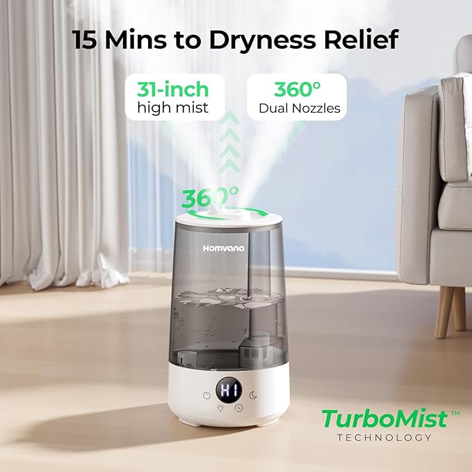 Homvana Humidifiers for Bedroom Home, 3.6 L Cool Mist Top-Fill 34H Super Long Time, Quiet 23dB, Baby Humidifier, Oil Diffuser for Large Room, House, Plant, Nursery, Office, BPA FREE, Ultrasonic (Grey) - Bloomnest