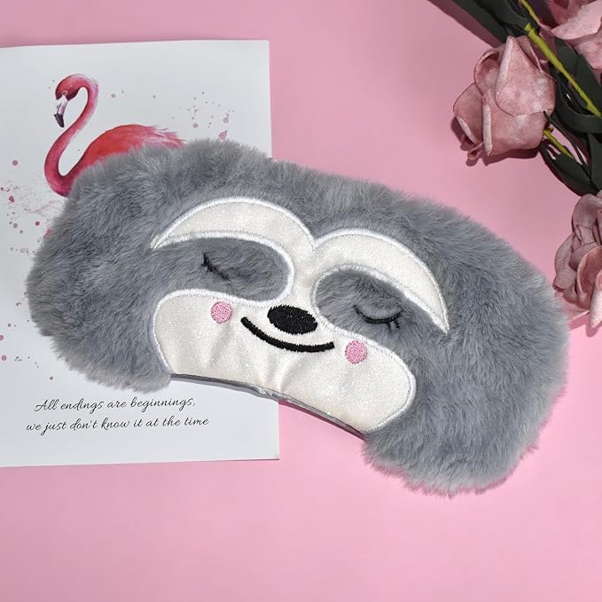 Cute Sloth Sleeping Mask Eye Mask Funny Animal Sleep Mask Soft Plush Blindfold Travel Eye Cover Eyeshade for Kids Adults Girls Boys Women Men (Sloth, Gray) - Bloomnest