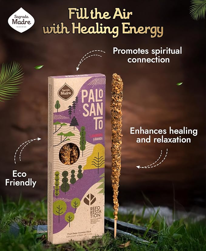 Sagrada Madre 4pcs Wildly Harvested Palo Santo Incense Sticks (Lavender), 6.7” Long - Non-Toxic, Aromatic Incense Sticks (50 min Approx. Burning Time) to Heal & Calm Your Body and Environment SagradaMadre