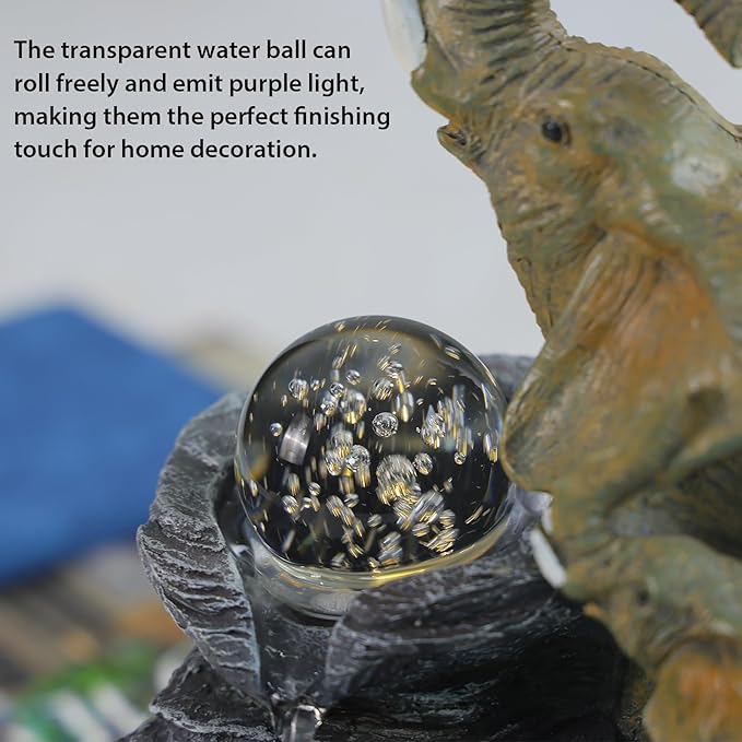 Elephant Tabletop Fountain with Rotating LED Crystal Ball & Cascading Rocks, 10.8" Indoor Waterfall Decor for Living Room,Office,Bedroom,Study,Zen Elephant Lover Gift
