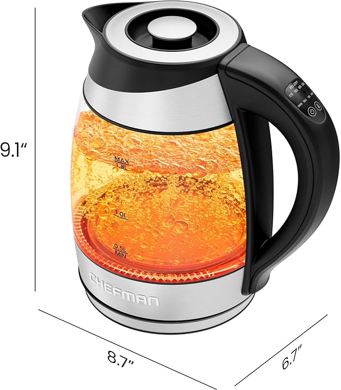 Chefman Electric Kettle with Temperature Control, 5 Presets LED Indicator Lights, Removable Tea Infuser, Glass Tea Kettle & Hot Water Boiler, 360° Swivel Base, BPA Free, Stainless Steel, 1.8 Liters - Bloomnest