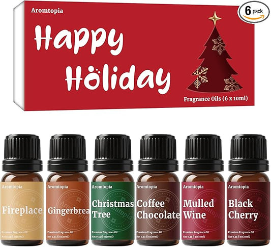 Fragrance Oil Holiday Set, Aromtopia Essential Oils for Candle Soap Making, 6x10ml, Diffuser Oils Scents, Winter Fragrance Oils, Christmas Tree, Coffee Chocolate, Black Cherry, More - Bloomnest