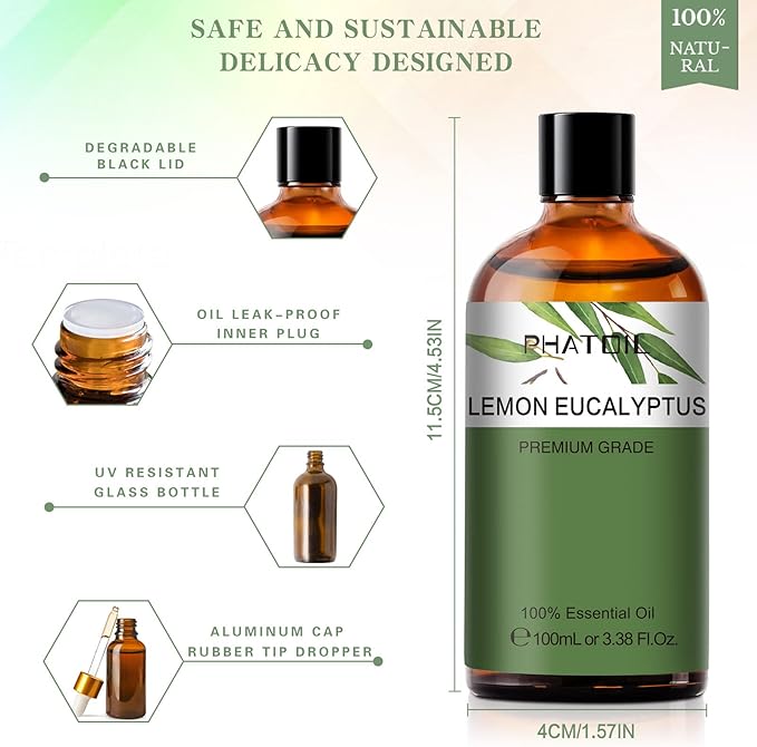 Lemon Eucalyptus 3.38fl.oz Essential Oil, PHATOIL Pure Aromatherapy Oils for Diffuser, Humidifier, Perfect for DIY Soap, Candle, Bath Bombs Making(100ml) PHATOIL