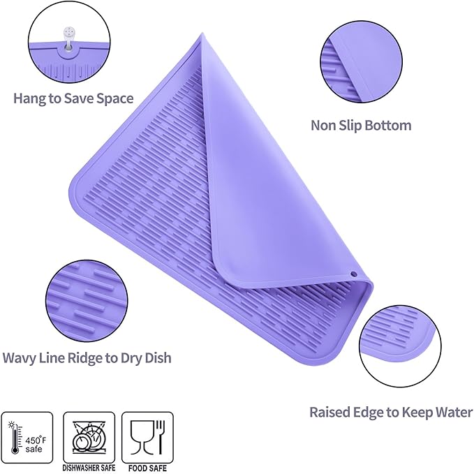 Silicone Dish Drying Mat for Multiple Usage,Easy clean,Eco-friendly,Heat-resistant Silicone Mat for Kitchen Counter or Sink,Refrigerator or Drawer Liner Light Purple XL 18 inches x 16 inches - Bloomnest