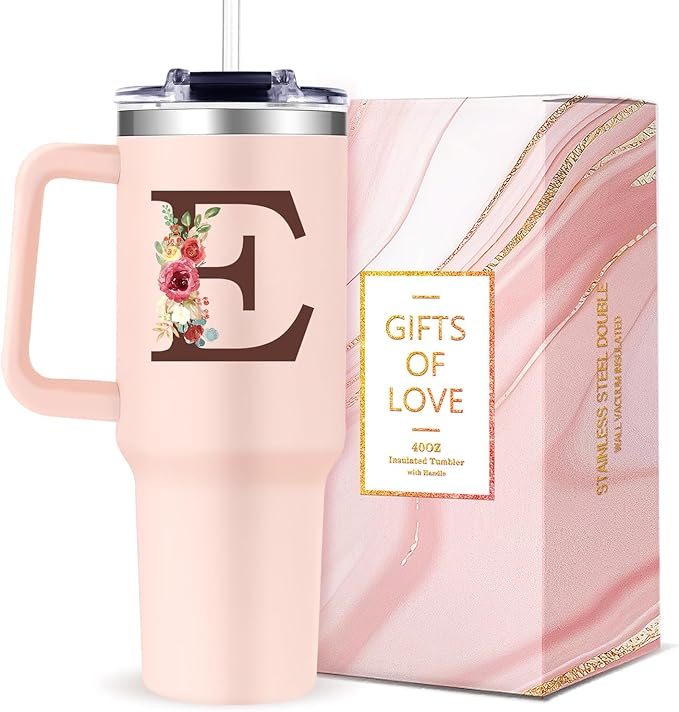 Monogrammed 40oz Tumbler with Handle for Women, Personalized Birthday Gifts for Women,Initial Cups for Woman Floral Letter E,Customized Gifts for Female Lady Gift for Mothers Day Christmas - Bloomnest