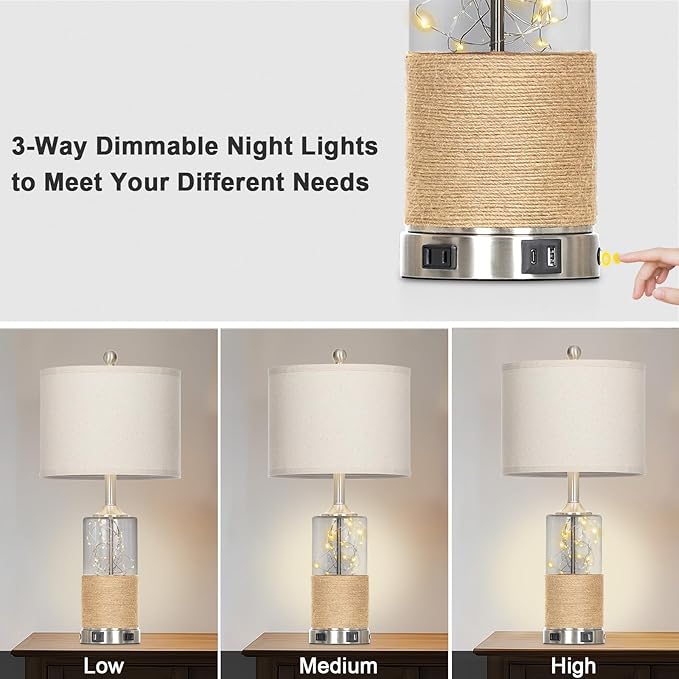 25" Boho Table Lamps Set of 2, Coastal Glass Bedside Lamps with USB A+C Ports and AC Outlet, Rattan Lamp with Night Light for Nightstand Living Room Bedroom, 2 LED Bulbs Included, Silver - Bloomnest