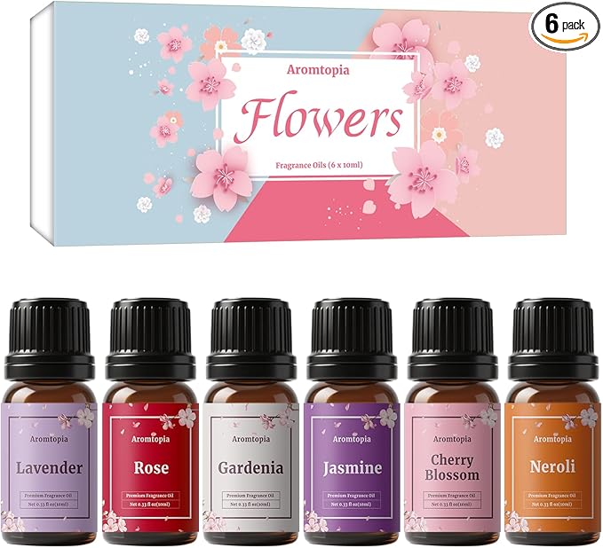 Floral Fragrance Oils, Aromtopia Flower Essential Oils for Diffusers for Home, 6x10ml, Fragrance Oil for Candle Soap Making, Lavender, Rose, Gardenia, Cherry Blossom, Jasmine, Neroli - Bloomnest
