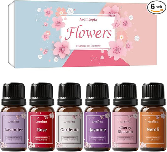 Floral Fragrance Oils, Aromtopia Flower Essential Oils for Diffusers for Home, 6x10ml, Fragrance Oil for Candle Soap Making, Lavender, Rose, Gardenia, Cherry Blossom, Jasmine, Neroli - Bloomnest
