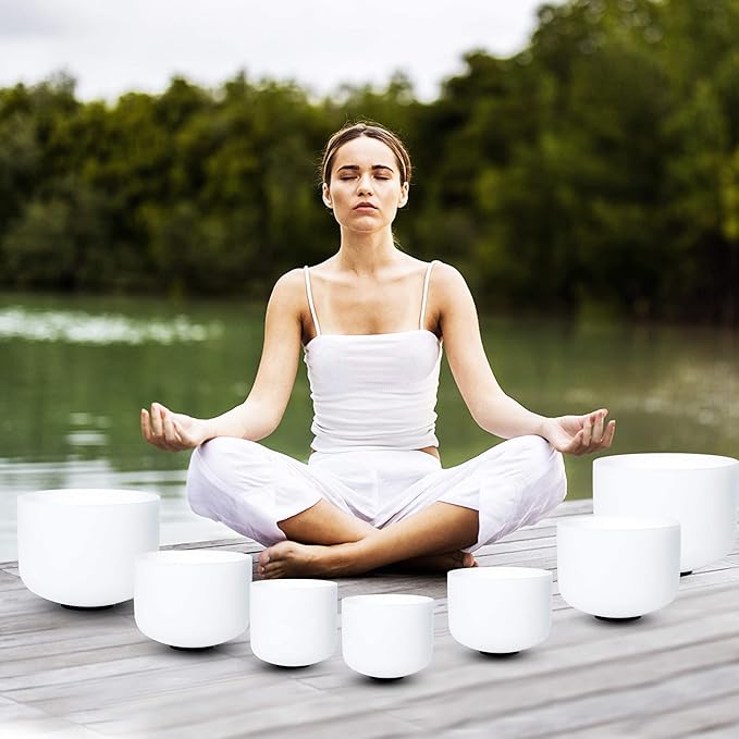 432hz Crystal Singing Bowl 6-12inch Set of 7 Pure White for Meditation Yoga Heart Chakra Meditation Heavy Duty Carrying Case with Sponge Padded Bundle Rubber Mallet Suede Striker O ring - Bloomnest