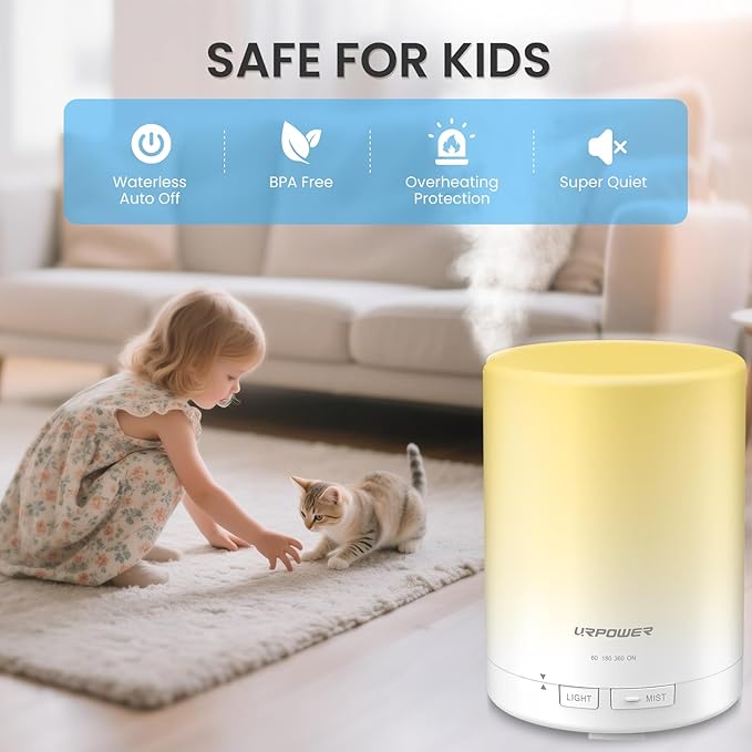 URPOWER 300ml Essential Oil Diffuser: Ultrasonic Aromatherapy Diffuser Quiet Auto Shut-Off, 4 Timer Settings(1H 3H 6H ON) & 7-Color Night Light Humidifier for Yoga Bedroom Living Room Office - Bloomnest