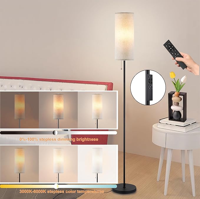 Floor Lamp for Living Room, Modern Standing Lamps with Lampshade, Minimalist Tall Lamp with Chain Switch for Living Room, LED Bulb Included (Beige Shade-Remote Bulb) - Bloomnest