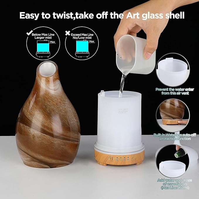 INRORNAS 160 ML Essential Oil Diffuser, Art Glass Ultrasonic Aroma Cool Mist Humidifier Aromatherapy Diffuser for Essential Oils 7 Colors Light Waterless Auto-Off for Home-Lonely Desert - Bloomnest