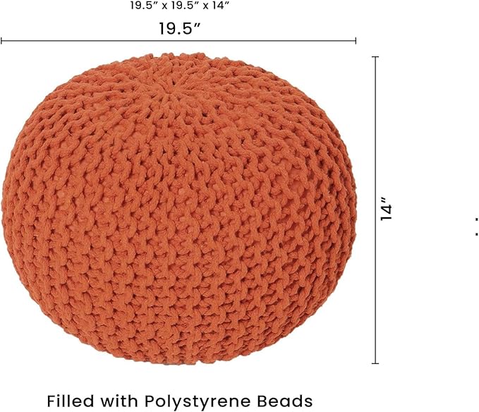 REDEARTH Round Pouf Ottoman - Hand Knitted Cable Boho Poof - Pouffe Circular Footrest for Living Room - Bedroom - Patio - 100% Cotton (19.5"x19.5"x14") - Burnt Orange - Bloomnest