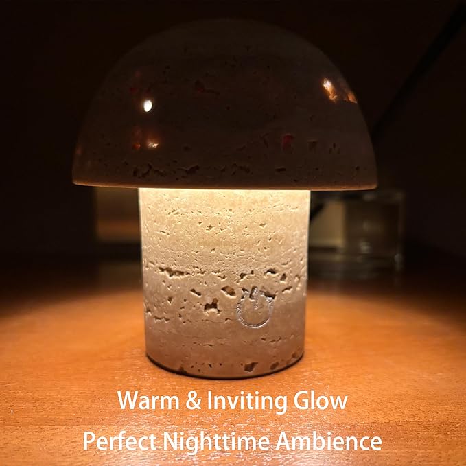 Natural Stone Mushroom Lamp - Handcrafted Travertine Night Light, Rechargeable with Type-C, Dimmable LED Accent Light for Bedroom & Living Room - Bloomnest