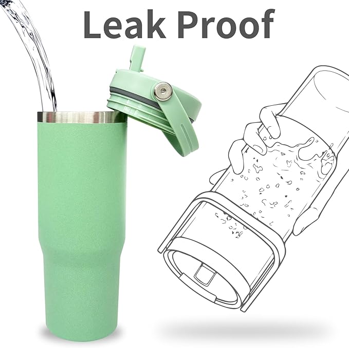 30 oz Tumbler with Top Handle, Double Wall Vacuum Insulated Tumbler with Flip Straw, Travel Coffee Mug 30oz Powder Coated Cup for Laser Engraving (Green,1 pack)