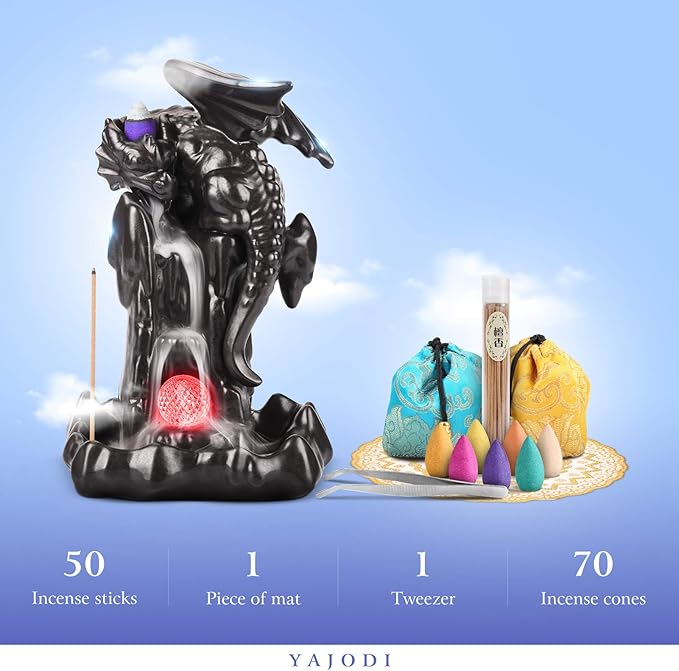 Dragon Backflow Incense Holder Waterfall Incense Burner, Smoke Incense Holder,with 70 Backflow Incense Cones+50 Incense Stick,1 Mat,1 Tweezers Ornament Home Decor（Black Brown） - Bloomnest