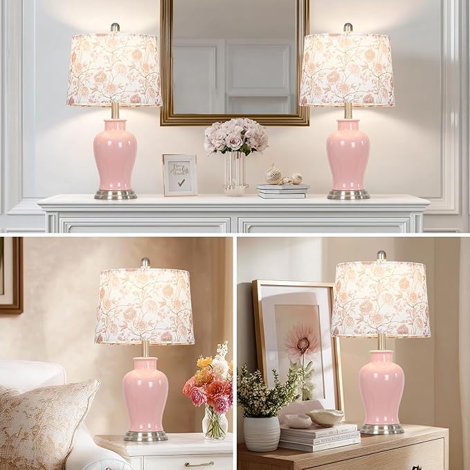 Pink Ceramic Table Lamp with Flower Lampshade, 23" Cute Ceramic Bedside Lamp with Ginger Jar Design, Modern Living Room Lamps Set 2, Elegant Bedroom Lamps for Nightstand Desk Side Home Decor - Bloomnest