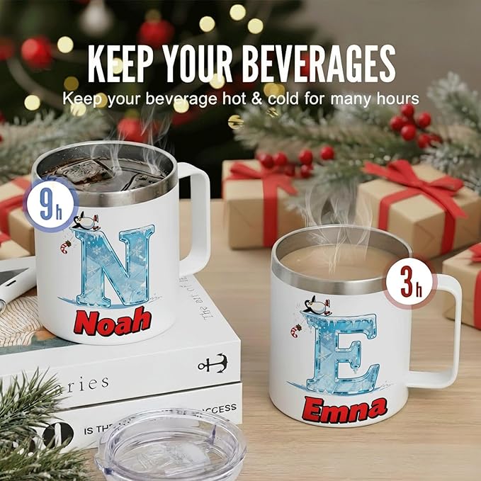 JugJug Personalized Christmas Mug with Ice Initial & Name - Funny Skating Penguin 12oz Insulated Coffee Cup w/Lid - Cool Xmas Gifts for Kids, Girls (B176) - Bloomnest