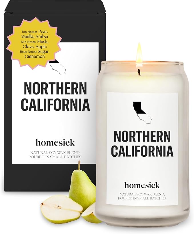 Homesick Scented Candles for Home (California Norcal) - 13.75 oz Long-Lasting Soy Wax Jar Candle for Women & Men for All Occasions, 60-80 Hours Burn Time - Notes of Pear, Vanilla & Amber - Bloomnest