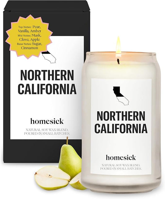 Homesick Scented Candles for Home (California Norcal) - 13.75 oz Long-Lasting Soy Wax Jar Candle for Women & Men for All Occasions, 60-80 Hours Burn Time - Notes of Pear, Vanilla & Amber - Bloomnest