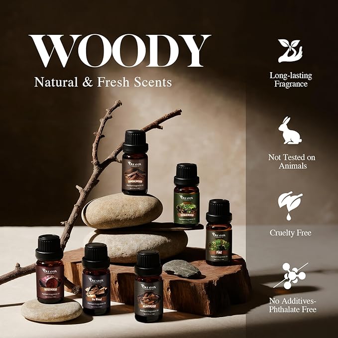 Woody Essential Oils Gift Set, 10x５ML Premium Wood Fragrance Oil　for Candle & Soap Making, Diffuser, Sandalwood, Teakwood, Forest Pine, Cedarwood, Cypress and Frankincense More Aromatherapy Oils - Bloomnest
