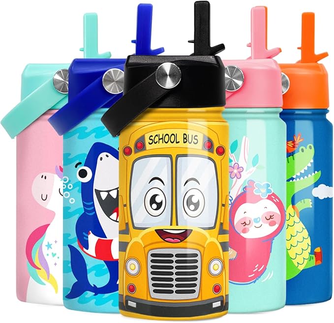 School Bus Water Bottle - Kids Water Bottle with Straw Lid - 12 Oz Insulated Stainless Steel Water Bottles for Kid Boys - Travel Cup for School Sports - Bloomnest
