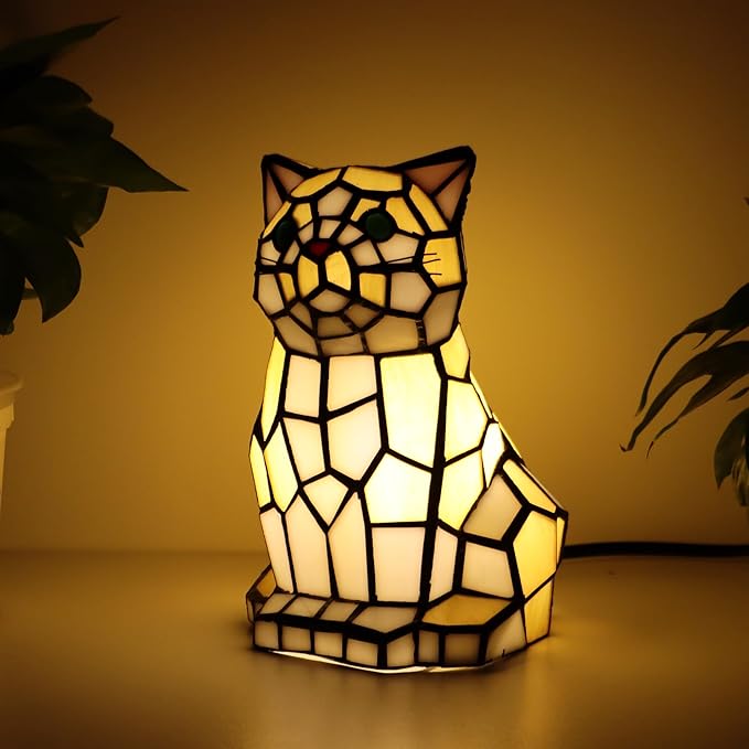 Tiffany Cat Lamp Yellow and White Stained Glass Animal Table Lamp Accent Lamp - Bloomnest