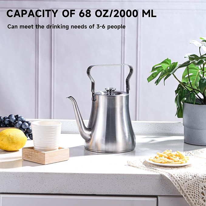 68OZ/2000ML Stainless Steel Teapot with Removable Infuser for Loose Leaf & Tea Bags, Stovetop Safe Tea Maker Water Kettle for Home Kitchen Hotel Restaurant Outdoor, Silver