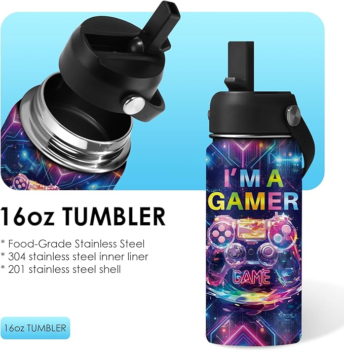 Game Gifts for Boy Girls - 16oz Kids Water Bottle with Straw, I'm A Gamer Stainless Steel Water Bottles Insulated, BPA-free, Leak-proof, Gamer Tumbler for School, Travel - Game Lovers Gift Cup(1pc) - Bloomnest