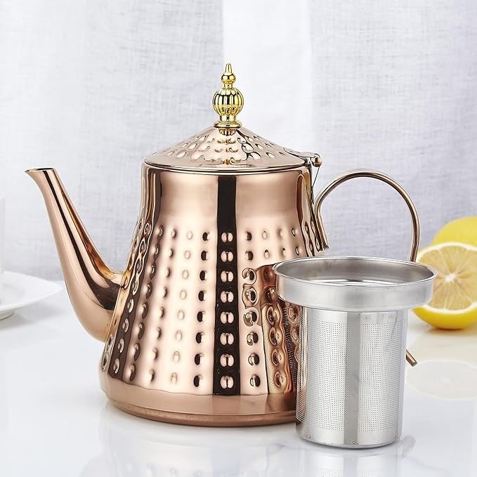 SANQIAHOME 1.2L(40oz) Stainless Steel Hammer Patterned Teapot With Removeable Infuser,Loose leaf cover,Copper - Bloomnest