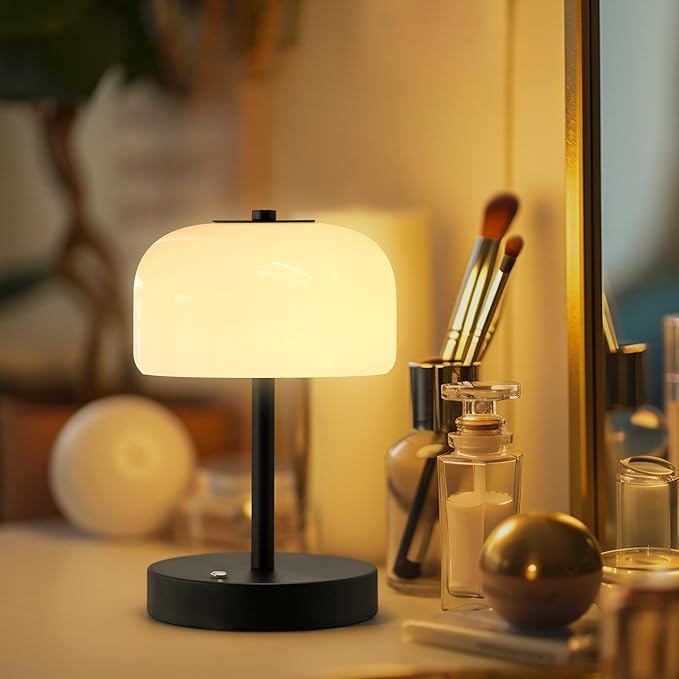 Oneach 2 Pack Cordless Table Lamps, 9" Portable Rechargeable Battery Powered Desk Lamp, Opal Glass Shade, 3 Level Brightness Dimmable, Mushroom Table Lamps for Bedroom, Living Room, Outdoor, Black - Bloomnest