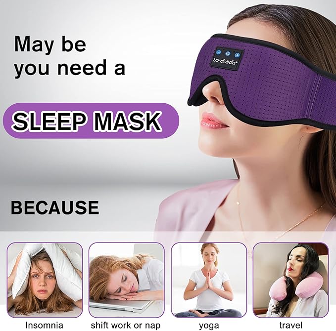 LC-dolida Sleep Headphones, Sleep Mask Bluetooth Wireless Music Eye Mask, Sleeping Headphones for Side Sleepers Sleep Mask with Bluetooth Headphones Ultra-Thin Stereo Speakers Perfect for Sleeping - Bloomnest