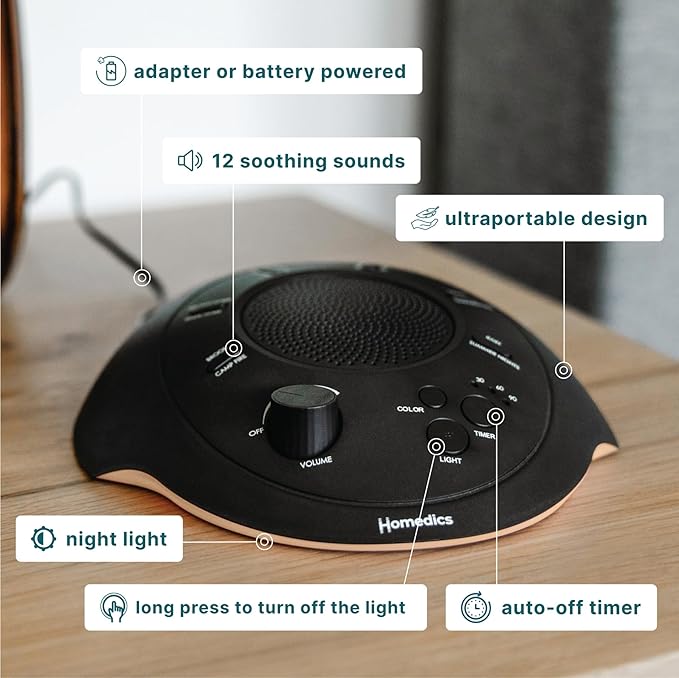 Homedics Sleep Better Portable Sound Machine, Night Light,12 Soothing Sounds Including White Noise, Rain, and Thunderstorm, Ultra-Portable Design, Auto-Off Timer, Ideal for Travel & Baby Sleep, Black - Bloomnest