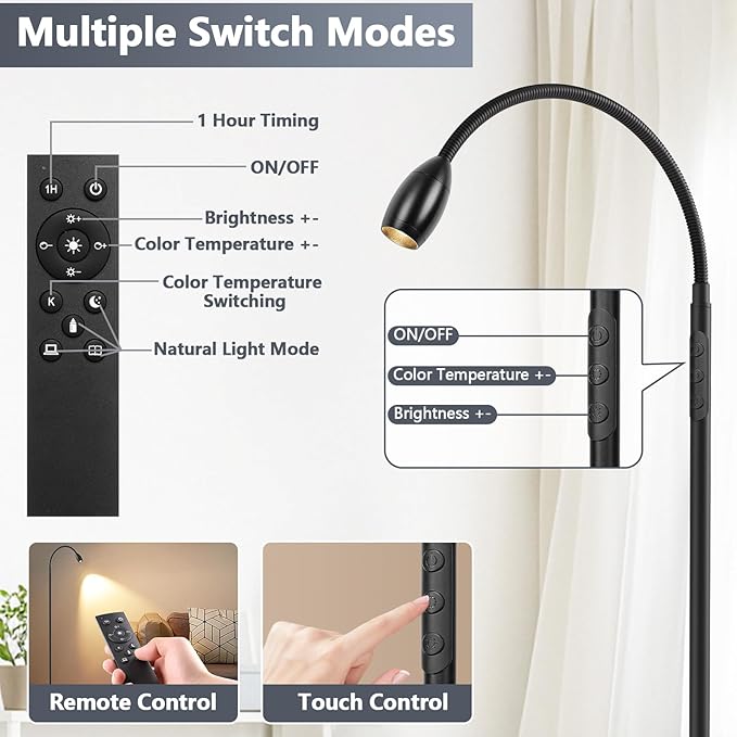 Reading Floor Lamp, 72" Tall LED Lamp with Flexible Gooseneck, Dimmable Zoomable Spotlight, Adjustable Color Beam Standing Lamp, Touch & Remote Control, Task Craft Bedroom Living Room, Matte Black - Bloomnest