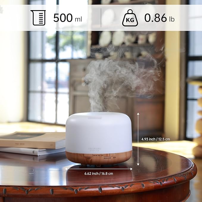ASAKUKI Essential Oil Diffuser 500ml, Ultrasonic Aromatherapy Humidifier with Remote Control, 7 LED Colors, Timer & Auto-Off, Large Room Diffuser (Yellow) - Bloomnest