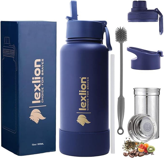 Lexlion Tea Infuser Water Bottle 32 Oz – Triple Wall Insulated Stainless Steel, Loose Leaf & Fruit Strainer, 3 Leakproof Lids, BPA-Free Silicone Sleeve, Reusable Thermal Mug - Bloomnest