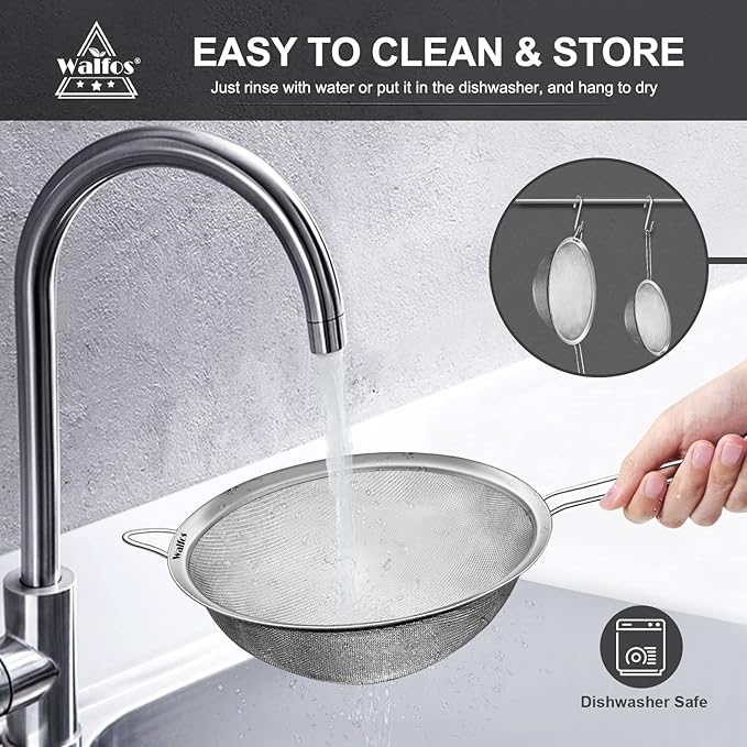Walfos Extra Fine Mesh Strainer Set of 4-9.35", 6.95", 4.6", 2.7", Stainless Steel 30 Mesh Sieve with Sturdy Handle, Kitchen Food Strainers Sifters for Quinoa, Pasta, Fruits, Vegetables, Rice, Tea - Bloomnest