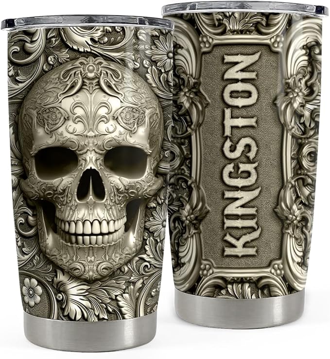 SANDJEST Personalized Skull Tumbler Stainless Steel Tumblers 20oz 30oz Coffee Travel Mug Cup Gift for Men Birthday - Bloomnest