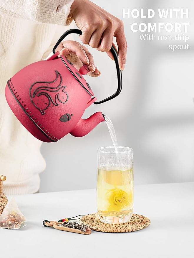 Toptier Teapot with Removable Infuser, Cast Iron Tea Kettle Stovetop Safe, Squirrel Design Tea Pot Coated with Enameled Interior for 32 Ounce (950 ml), Red - Bloomnest
