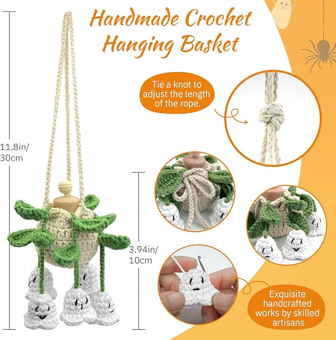 Crochet Glowing Ghost Car Air Freshener, Halloween Car Decor, 15ml Refillable Oil Diffuser Bottle with Hanging Crochet Decor for Car Rearview Mirror, Handmade Halloween Gifts - Bloomnest
