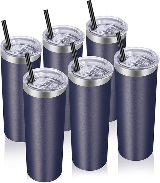 VEGOND Stainless Steel Tumblers Bulk 6 Pack, 20 oz Vacuum Insulated Skinny Tumblers with Lid and Straw, Double Wall Coffee Mug, Travel Water Cup, Navy Blue - Bloomnest
