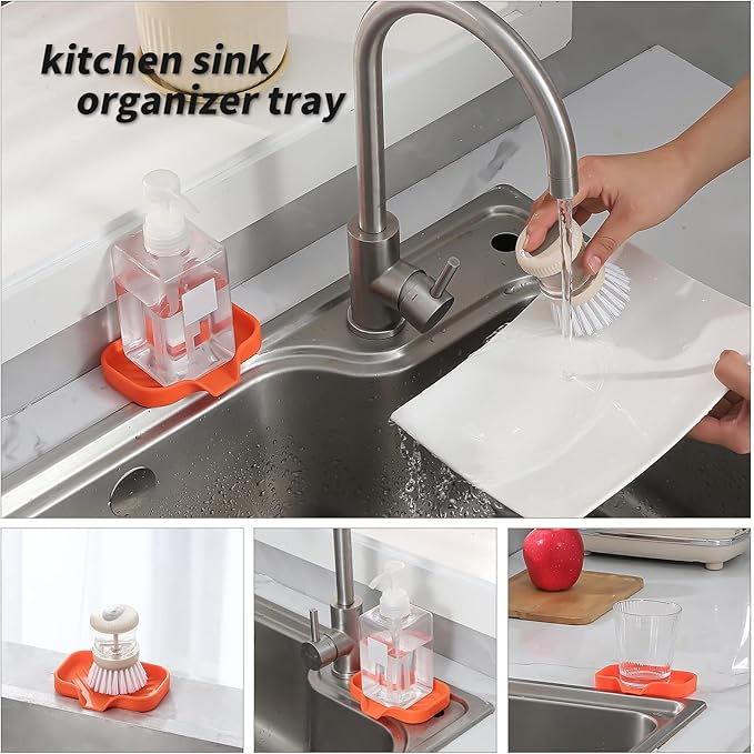 Silicone Bathroom Soap Dishes with Drain Spout-Bathroom and Kitchen Sink Organizer,Sponge Holder,Dish Soap Tray,Perfect for Dispenser,Scrubber,Bottle,Cup on Sink or Counter-Orange 4.9"×3.2" - Bloomnest