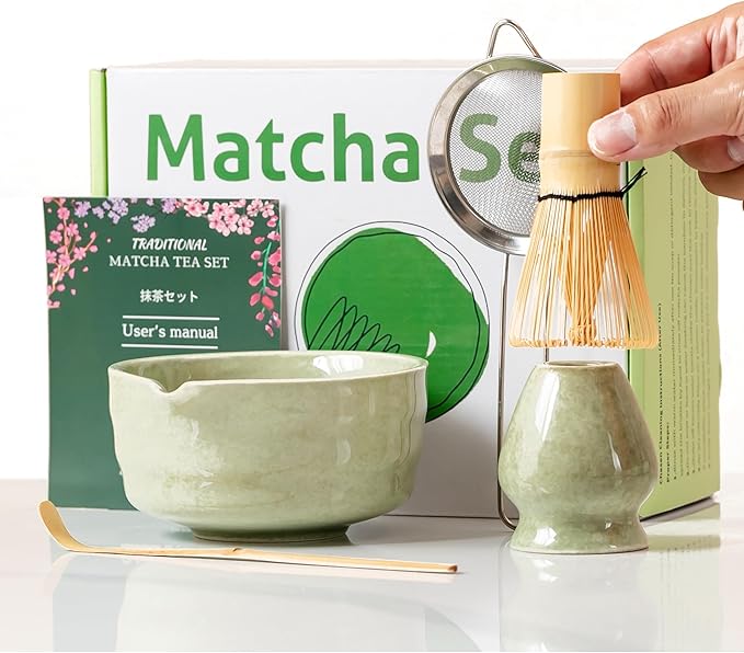 Dreizehn Matcha Whisk Set – 5 Piece Matcha Kit with Bowl, Whisk, Scoop, Sifter & Jar – Japanese Style Tea Set for Making Smooth and Frothy Matcha Green Tea at Home or as a Gift, Mottled Green - Bloomnest