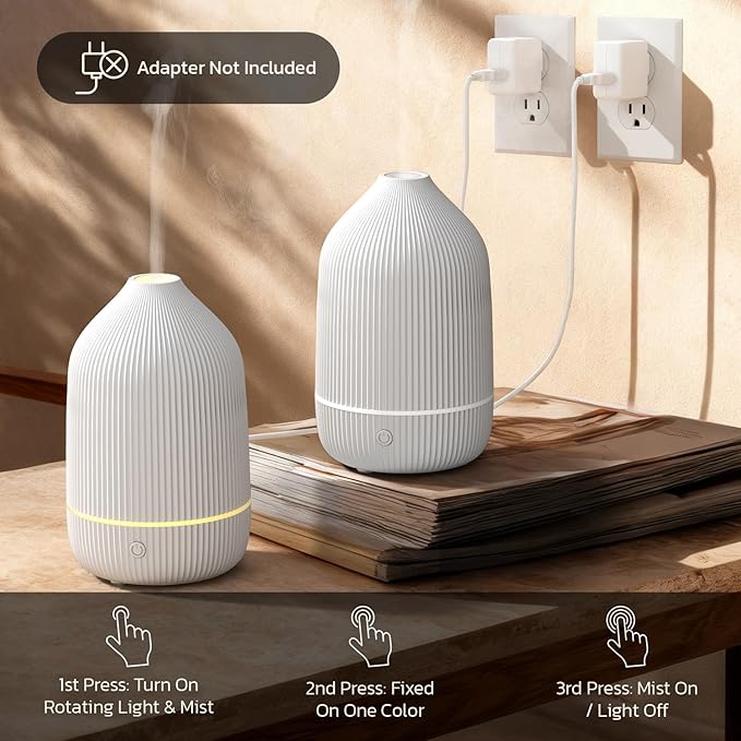 Essential Oil Diffuser, 2Pack, 100ml Aromatherapy Diffuser, Mini Ultrasonic Diffuser for Essential Oil, Home, Office, Cool Mist Humidifier with 7 Led Light, Auto Shut-Off, White - Bloomnest