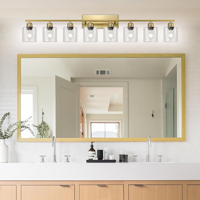 Modern Brushed Gold 8 Light Bathroom Light Fixtures, 52 inch Vanity Lights for Bathroom with Clear Glass for Mirror Kitchen Living Room Hallway Cabinet Porch - Bloomnest