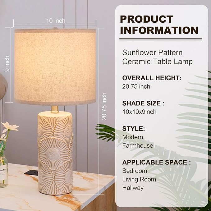 20.75" White Ceramic Lamps Set of 2 with Floral Design, Farmhouse White Table Lamp for Living Room, Bedroom, Beige Lamps for Nightstands Set of 2 - Bloomnest