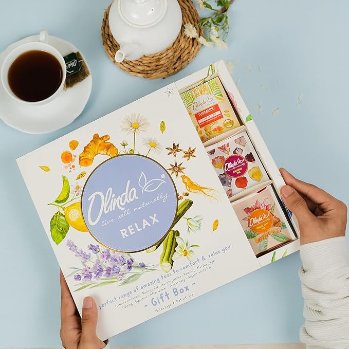 Olinda Relax Tea Sampler Herbal Gift Box 45 Count Assorted Wellness Tea Set 9 Calming Herbal Tea Bags Thoughtful Variety Pack for Stress Relief & Sleep Caffeine Free Birthday Gift for Women - Bloomnest