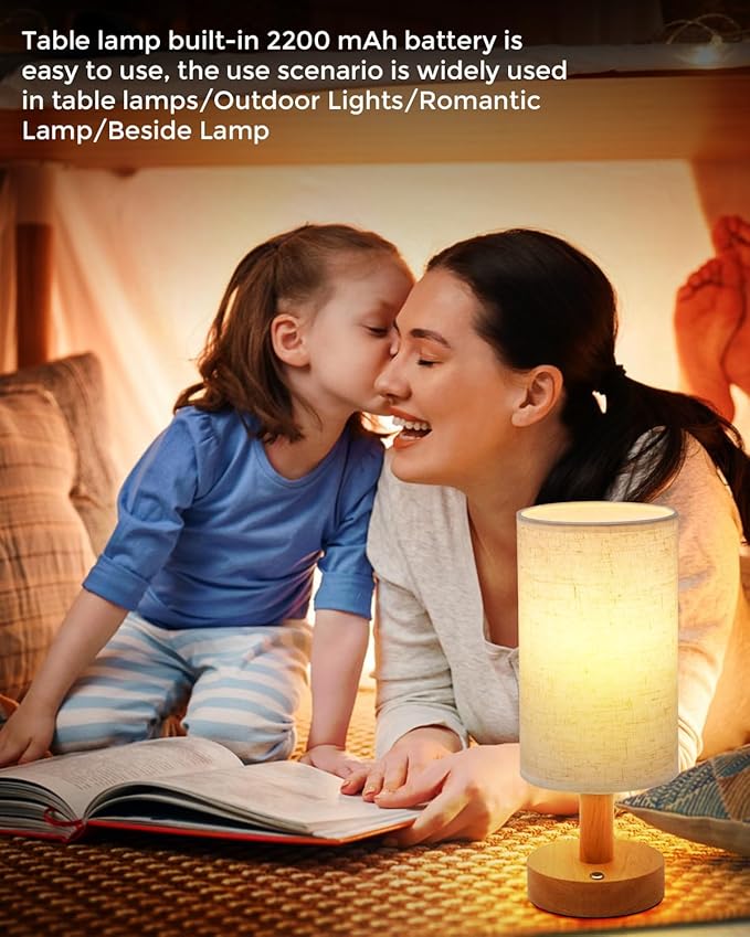 Cordless Table Lamp, 2200mAh Battery Operated Desk Lamp, Touch Bedside Lamps for Night Stands, Warm Light Mini Boho Lamp, Wood Base Round Flaxen Fabric Shade for Living Room,LED Bulb Included (Beige) - Bloomnest