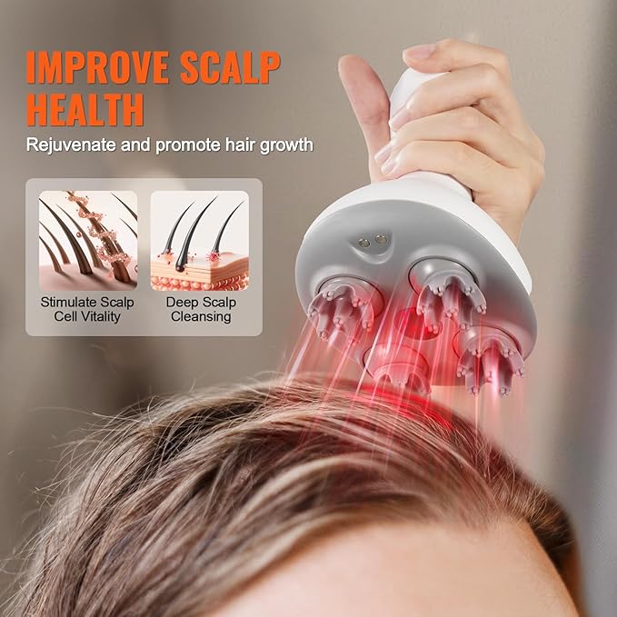 VEVOR Electric Scalp Massager, Rechargeable Head Massager Hair Growth, IPX7 Waterproof | Portable Kneading Scalp Scratcher with 8 Removable Massage Head for Stress Relief, Deep Clean, Gift for Mom/Dad VEVOR