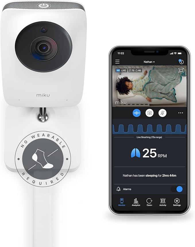 Miku Pro Smart Baby Monitor with Camera, Track Live Breathing with No Wearable, Real-Time Alerts, Sleep Analytics, 1080p Wi-Fi Video, Night Vision, and 2-Way Audio, Wall Mount Included - Bloomnest